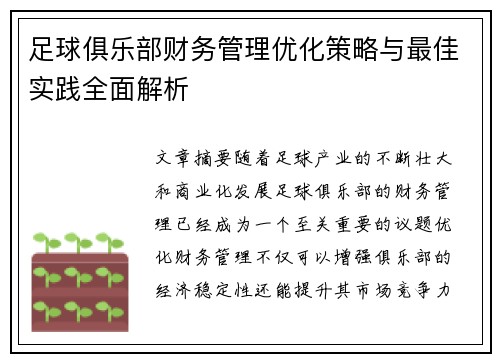 足球俱乐部财务管理优化策略与最佳实践全面解析 足球俱乐部财务管理优化策略与最佳实践全面解析